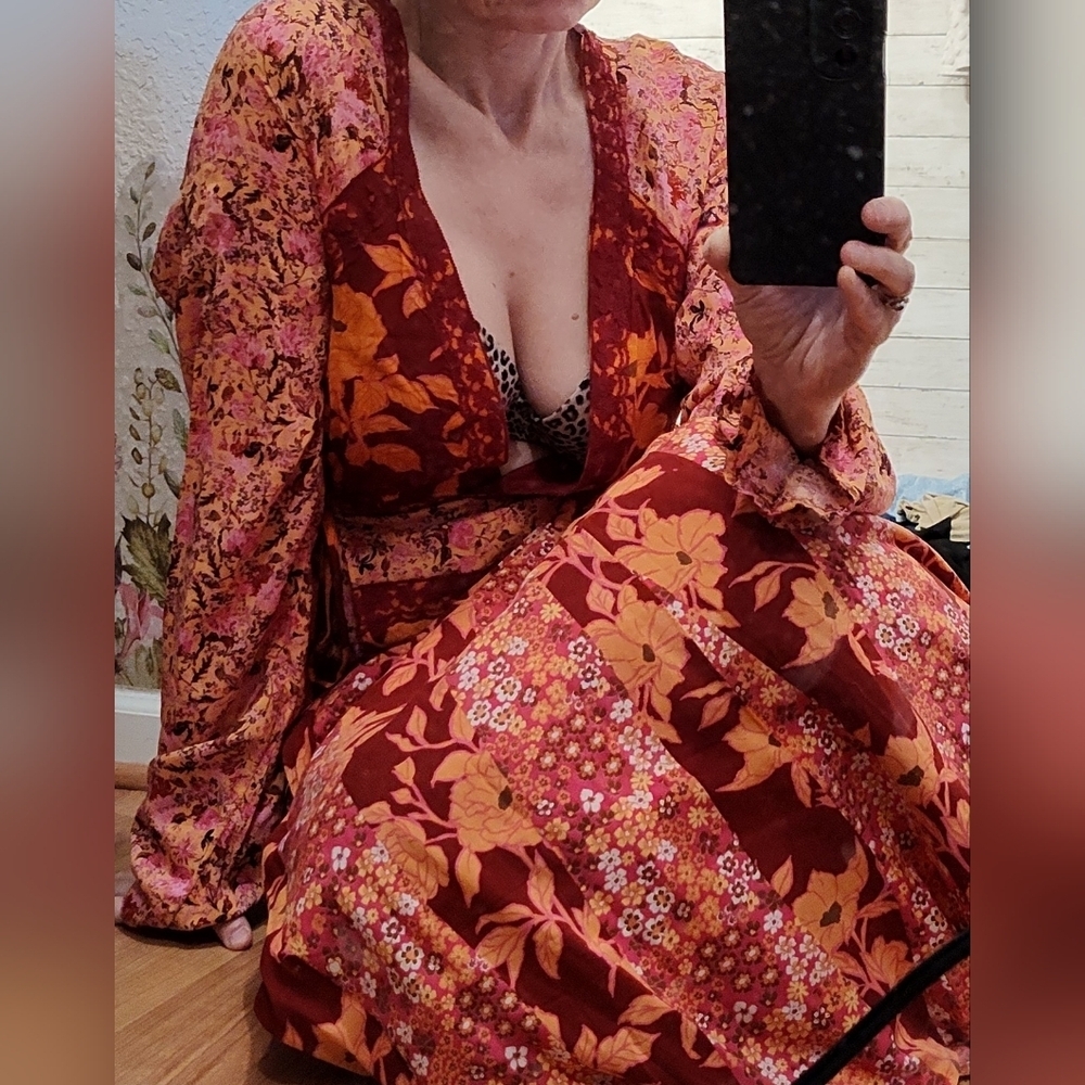 Free PeopleTilda 💐 Floral Maxi 💯 % Cotton Pink, Burgandy/Red & Orange In Med - Picture 6 of 8